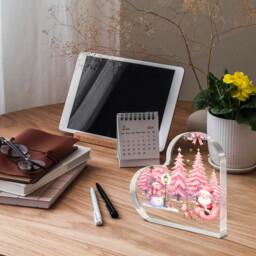 "Alphynix 1pc Heart Shaped Acrylic Plaque, Christmas Decor with ""Merry Christmas"" Sign, Pink Santa Sled and Snowman Design, Festive Tabletop Decoration for Holiday Season, Christmas Gift for Family and Friends" - thumbnail 3