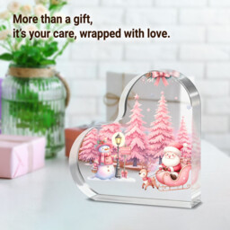 "Alphynix 1pc Heart Shaped Acrylic Plaque, Christmas Decor with ""Merry Christmas"" Sign, Pink Santa Sled and Snowman Design, Festive Tabletop Decoration for Holiday Season, Christmas Gift for Family and Friends" - thumbnail 2