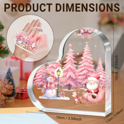 "Alphynix 1pc Heart Shaped Acrylic Plaque, Christmas Decor with ""Merry Christmas"" Sign, Pink Santa Sled and Snowman Design, Festive Tabletop Decoration for Holiday Season, Christmas Gift for Family and Friends" - thumbnail 5