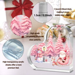 "Alphynix 1pc Heart Shaped Acrylic Plaque, Christmas Decor with ""Merry Christmas"" Sign, Pink Santa Sled and Snowman Design, Festive Tabletop Decoration for Holiday Season, Christmas Gift for Family and Friends" - thumbnail 4