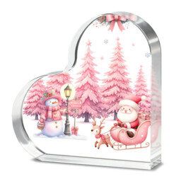 "Alphynix 1pc Heart Shaped Acrylic Plaque, Christmas Decor with ""Merry Christmas"" Sign, Pink Santa Sled and Snowman Design, Festive Tabletop Decoration for Holiday Season, Christmas Gift for Family and Friends"