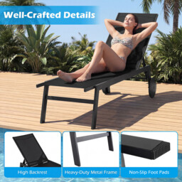 Costway Set of 2 Patio Chaise Lounge Chair with Wheels Outdoor Recliner with 6-Level Adjustable Backrest-Black - thumbnail 5
