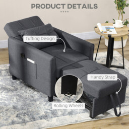 HOMCOM Single 3-in-1 Folding Sofa Bed, Charcoal Black - thumbnail 2