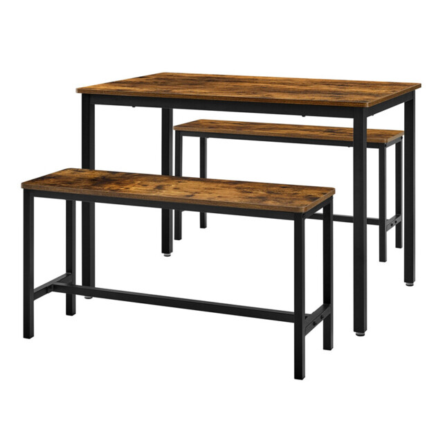 Ochama  Dining Table with 2 Benches, Set of 3, Kitchen Table, 2 Dining Room Benches, Steel Frame, Brown and Black - image 1