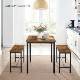 Ochama  Dining Table with 2 Benches, Set of 3, Kitchen Table, 2 Dining Room Benches, Steel Frame, Brown and Black - thumbnail 4