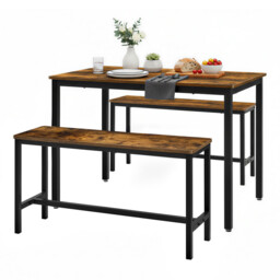 JOYFURNOS  Dining Table with 2 Benches, Set of 3, Kitchen Table, 2 Dining Room Benches, Steel Frame, Brown and Black - thumbnail 7