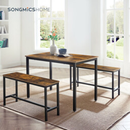Ochama  Dining Table with 2 Benches, Set of 3, Kitchen Table, 2 Dining Room Benches, Steel Frame, Brown and Black - thumbnail 2