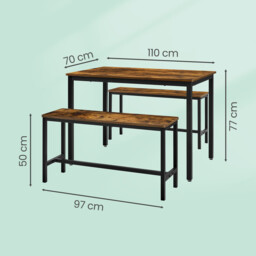 Ochama  Dining Table with 2 Benches, Set of 3, Kitchen Table, 2 Dining Room Benches, Steel Frame, Brown and Black - thumbnail 6