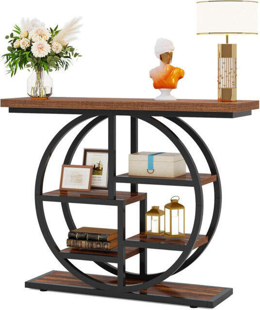 Tribesigns Console Table 105cm Industrial 6 Tier Sofa Table Entrance Table with Circle Base Narrow Wood Accent Tables with Storage Shelves for Living Room Hallway Foyer Rustic Brown - image 1
