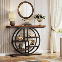 Tribesigns Console Table 105cm Industrial 6 Tier Sofa Table Entrance Table with Circle Base Narrow Wood Accent Tables with Storage Shelves for Living Room Hallway Foyer Rustic Brown - thumbnail 2