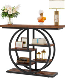 Tribesigns Console Table 105cm Industrial 6 Tier Sofa Table Entrance Table with Circle Base Narrow Wood Accent Tables with Storage Shelves for Living Room Hallway Foyer Rustic Brown - thumbnail 1