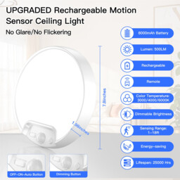" New Upgraded Motion Sensor Ceiling Light with 3 Color Temperatures, 8 Inch 500LM LED Ceiling Light with Remote, 8000mAh Rechargeable Battery Powered Dimmable Sensor Light for Bathroom, Garage, Shed, Loft, Hallway, Stair" - thumbnail 6