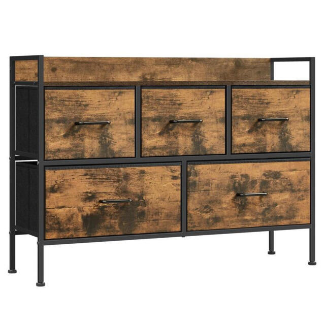 Wide Dresser Fabric 5 Drawers Wood Effect/Black - image 1