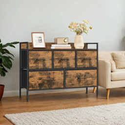 Wide Dresser Fabric 5 Drawers Wood Effect/Black - thumbnail 7