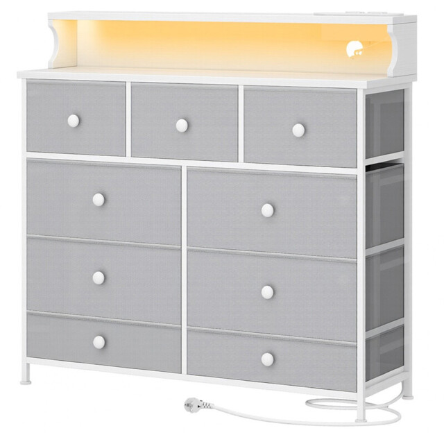 HaluPeit Chest of Drawers Bedroom, 9 Fabirc Chest of Drawers with 2 Sockets, 2 USB Ports and LED Strips, Bedroom Storage Drawers with Wood Top and Steel Frame for Bedroom Living Room, Grey - image 1