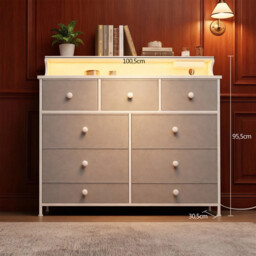 HaluPeit Chest of Drawers Bedroom, 9 Fabirc Chest of Drawers with 2 Sockets, 2 USB Ports and LED Strips, Bedroom Storage Drawers with Wood Top and Steel Frame for Bedroom Living Room, Grey - thumbnail 6