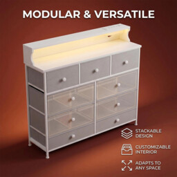 HaluPeit Chest of Drawers Bedroom, 9 Fabirc Chest of Drawers with 2 Sockets, 2 USB Ports and LED Strips, Bedroom Storage Drawers with Wood Top and Steel Frame for Bedroom Living Room, Grey - thumbnail 3