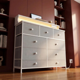 HaluPeit Chest of Drawers Bedroom, 9 Fabirc Chest of Drawers with 2 Sockets, 2 USB Ports and LED Strips, Bedroom Storage Drawers with Wood Top and Steel Frame for Bedroom Living Room, Grey - thumbnail 5