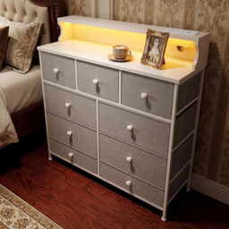 HaluPeit Chest of Drawers Bedroom, 9 Fabirc Chest of Drawers with 2 Sockets, 2 USB Ports and LED Strips, Bedroom Storage Drawers with Wood Top and Steel Frame for Bedroom Living Room, Grey - thumbnail 4