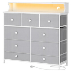 HaluPeit Chest of Drawers Bedroom, 9 Fabirc Chest of Drawers with 2 Sockets, 2 USB Ports and LED Strips, Bedroom Storage Drawers with Wood Top and Steel Frame for Bedroom Living Room, Grey - thumbnail 1