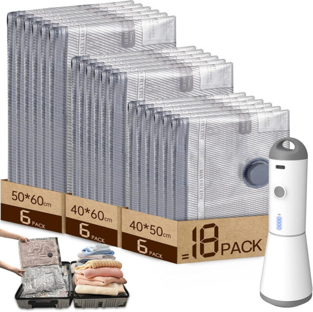 HOMOH Vacuum Bags for Clothes with Wireless Vacuum Pump, Pack of 18 (6x 40x50cm, 6x 40x60cm, 6x 50x60cm), Reusable Vacuum Bags for Travel, Duvets, Moving, Bed Linen - image 1