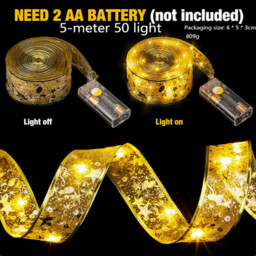 Ju7cer Ribbon light string 5 meters, 50 lights, 2 battery packs [self provided battery] Christmas tree decoration light, warm yellow, festive atmosphere, suitable for indoor and outdoor, Valentine's Day, weddings, suitable for Christmas - thumbnail 5