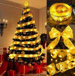 Ju7cer Ribbon light string 5 meters, 50 lights, 2 battery packs [self provided battery] Christmas tree decoration light, warm yellow, festive atmosphere, suitable for indoor and outdoor, Valentine's Day, weddings, suitable for Christmas