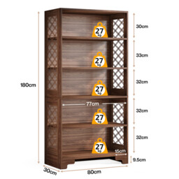 LANTINE Bookcase, 180 cm High Vintage Standing Shelf, 6 Tier Bookcase, Wooden Bookcase, with Open Display Shelves, for Living Room, Home Office, Industrial Design, Vintage Brown - thumbnail 4