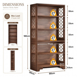 LANTINE Bookcase, 180 cm High Vintage Standing Shelf, 6 Tier Bookcase, Wooden Bookcase, with Open Display Shelves, for Living Room, Home Office, Industrial Design, Vintage Brown - thumbnail 3