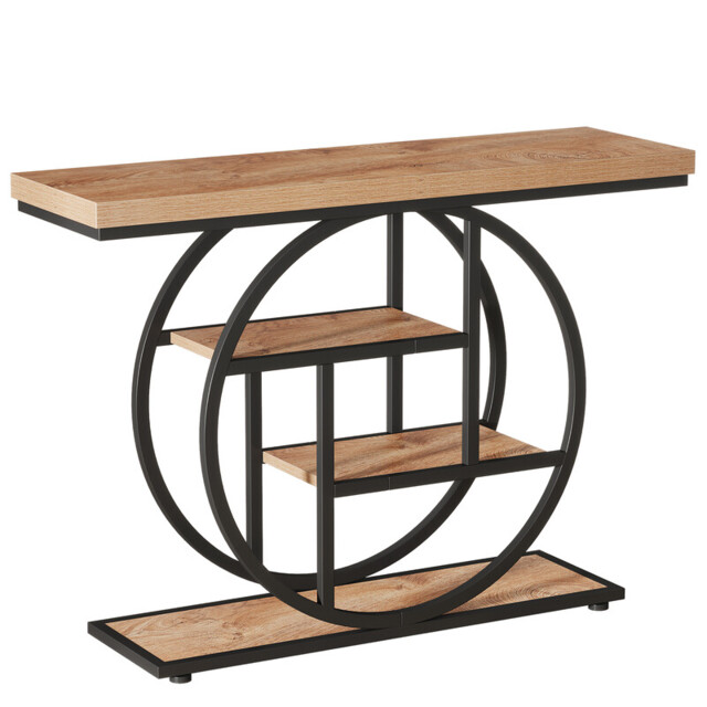 Tribesigns 105CM Console Table, Industrial 4-Tier Sofa Table Entryway Table with Circle Base, Narrow Wood Accent Tables with Storage Shelves for Living Room, Hallway, Foyer, Light Brown - image 1