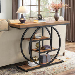 Tribesigns 105CM Console Table, Industrial 4-Tier Sofa Table Entryway Table with Circle Base, Narrow Wood Accent Tables with Storage Shelves for Living Room, Hallway, Foyer, Light Brown - thumbnail 5