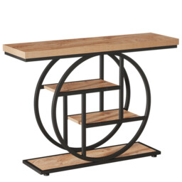 Tribesigns 105CM Console Table, Industrial 4-Tier Sofa Table Entryway Table with Circle Base, Narrow Wood Accent Tables with Storage Shelves for Living Room, Hallway, Foyer, Light Brown - thumbnail 1