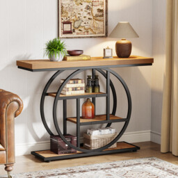 Tribesigns 105CM Console Table, Industrial 4-Tier Sofa Table Entryway Table with Circle Base, Narrow Wood Accent Tables with Storage Shelves for Living Room, Hallway, Foyer, Light Brown - thumbnail 6