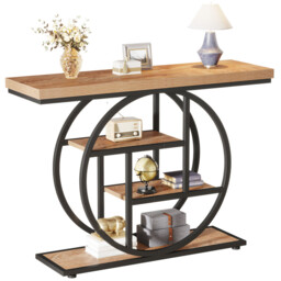 Tribesigns 105CM Console Table, Industrial 4-Tier Sofa Table Entryway Table with Circle Base, Narrow Wood Accent Tables with Storage Shelves for Living Room, Hallway, Foyer, Light Brown - thumbnail 3