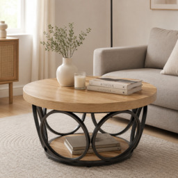 LANTINE Round Coffee Table, 80 cm Round Wooden Table, Farmhouse Large Round Living Room Table with 2 Levels Storage, Modern Simple Brown Tea Table (Wood Grain) - thumbnail 1