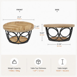 LANTINE Round Coffee Table, 80 cm Round Wooden Table, Farmhouse Large Round Living Room Table with 2 Levels Storage, Modern Simple Brown Tea Table (Wood Grain) - thumbnail 5