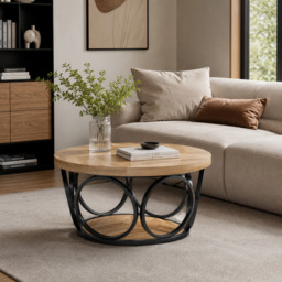 LANTINE Round Coffee Table, 80 cm Round Wooden Table, Farmhouse Large Round Living Room Table with 2 Levels Storage, Modern Simple Brown Tea Table (Wood Grain) - thumbnail 4