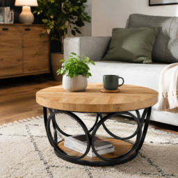 LANTINE Round Coffee Table, 80 cm Round Wooden Table, Farmhouse Large Round Living Room Table with 2 Levels Storage, Modern Simple Brown Tea Table (Wood Grain) - thumbnail 2