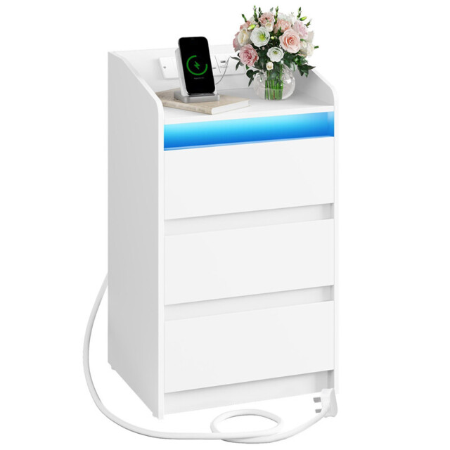 HaluPeit Bedside Table with 3 Drawers, Bedside Cabinet, Side Table with Charging Station and LED, 2 AC and 2 USB Ports, Nightstand for Bedroom, Living Room, End tables, White - image 1