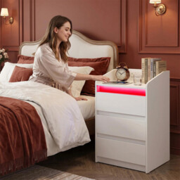 HaluPeit Bedside Table with 3 Drawers, Bedside Cabinet, Side Table with Charging Station and LED, 2 AC and 2 USB Ports, Nightstand for Bedroom, Living Room, End tables, White - thumbnail 5