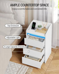 HaluPeit Bedside Table with 3 Drawers, Bedside Cabinet, Side Table with Charging Station and LED, 2 AC and 2 USB Ports, Nightstand for Bedroom, Living Room, End tables, White - thumbnail 3