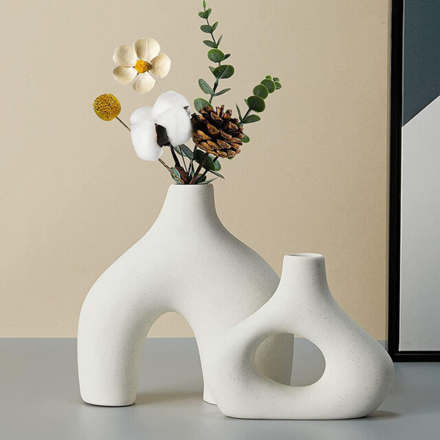2pcs/19cm7.4in14cm5.51in White Ceramic Vase Set of 2 Double Mountain Vases for Modern Boho Nordic Minimalism Style Decoration Vases for Living Room, Wedding, Dinner Table, Party, Office and Bedroom - image 1