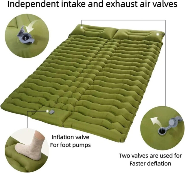 VXOYO Double Camping Sleeping Pad 200 x 160cm Ultralight Inflatable Mat with Built-in Pillow & Foot Pump, Packed Size 29 x16 x 16cm, Weight 1.7kg, Double Green - image 1