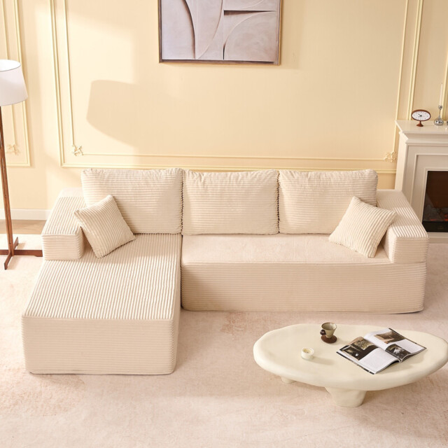 Ochama 272 cm L-Shaped Modular Sectional Sofa,Set of Deep Seat Boneless Couch, Sofa Bed for Living Room Bedroom – No Assembly Required, White