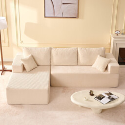 Ochama 272 cm L-Shaped Modular Sectional Sofa,Set of Deep Seat Boneless Couch, Sofa Bed for Living Room Bedroom – No Assembly Required, White