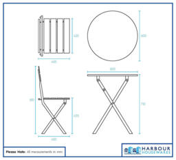 Harbour Housewares 2 Seater Sussex Bistro Set, Round, Cornflower Blue - thumbnail 7
