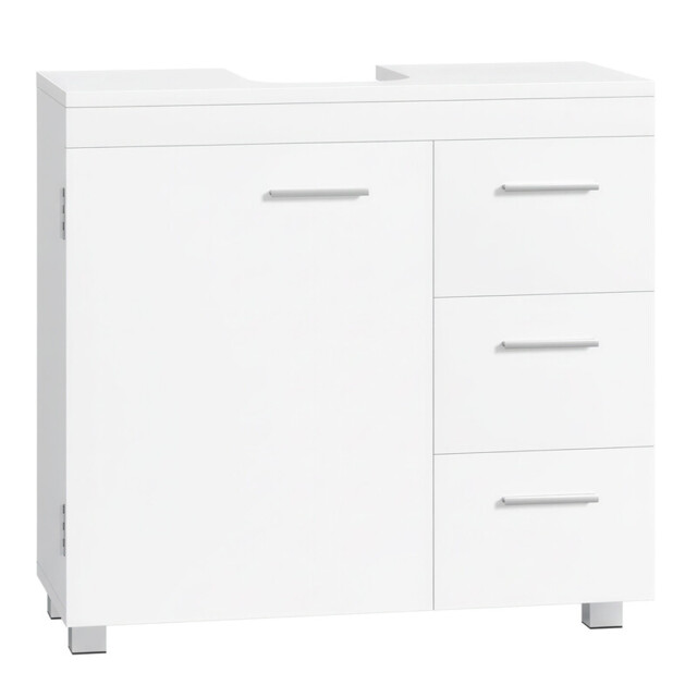 Ochama Under Sink Bathroom Cabinet, Matte White, 30 x 70 x 63.8 cm – Storage Unit with Feet, 3 Drawers and 2 Compartments Behind the Door, for Washbasins with Pedestal
