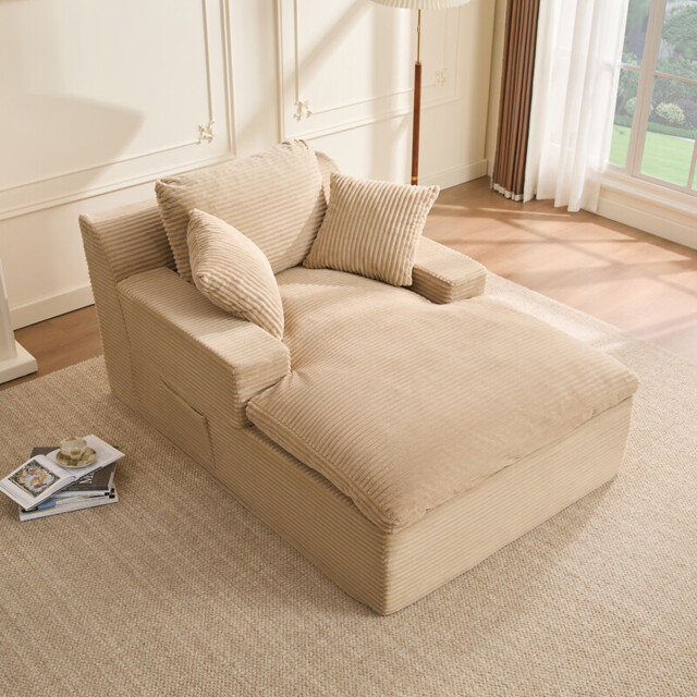 160 cm Chaise Lounge Chair, Boneless Couch, Set of Sofabed Floor Lounge Sofa with Movable Pillows & Side Pockets, Cloud Couch with Armrests for Living Room, No Assembly Required, Camel - image 1