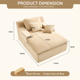 Joyic 160 cm Chaise Lounge Chair, Boneless Couch, Set of Sofabed Floor Lounge Sofa with Movable Pillows & Side Pockets, Cloud Couch with Armrests for Living Room, No Assembly Required, Camel - thumbnail 6