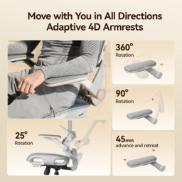 SIHOO B100 Ultra Ergonomic Office Chair， Mesh Office Chair with Adaptive Lumbar Support， Computer Chair with Wide Headrest， Desk Chair with 360° Rotatable Flip-Up Armrests， Light Grey - thumbnail 2